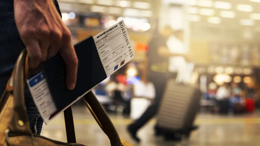 Mitad izquierda de la foto, una mano de hombre sosteniendo un pasaporte con el boleto de avión dentro, del lado derecho un fondo de aeropuerto con tonos amarronados y blurreado